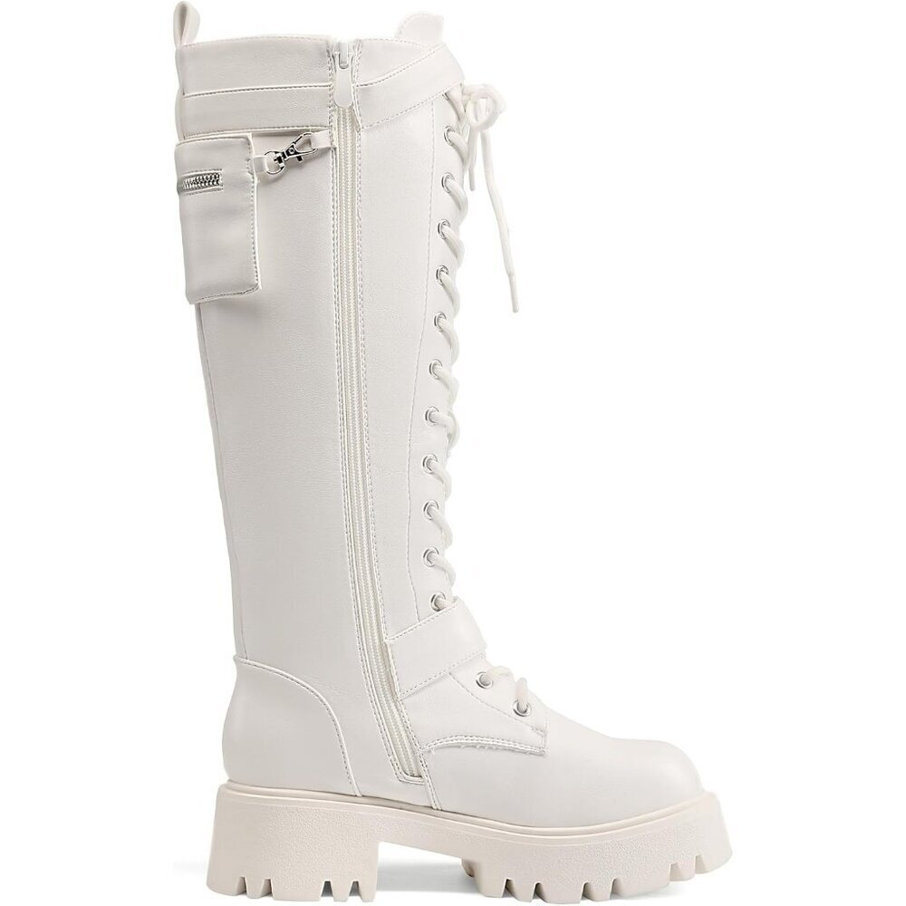 Women's Leather White Combat Platform Knee High Lace Up Boots Motorcycle Boots - Picture 4 of 9
